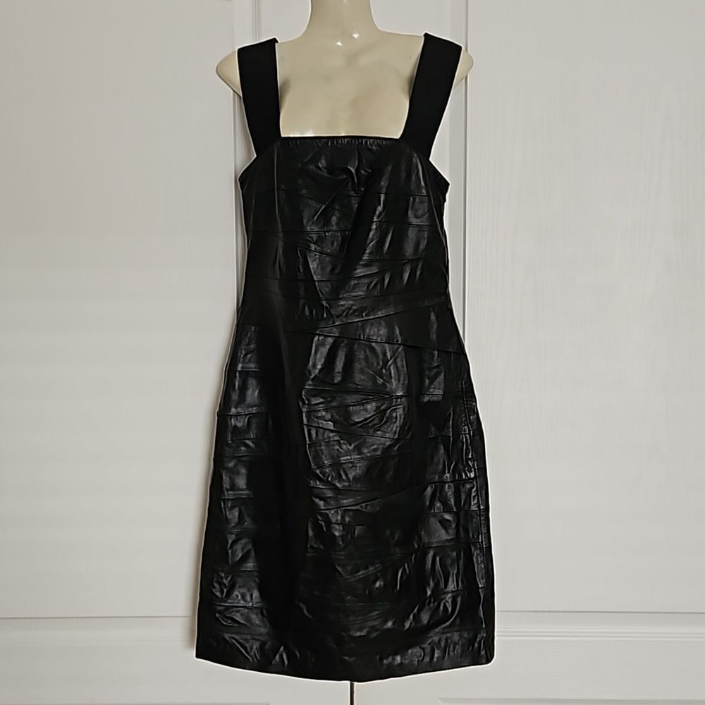 Linea Domani Women's Leather Wide Elastic Criss-Cross Back Midi Dress Black 6
